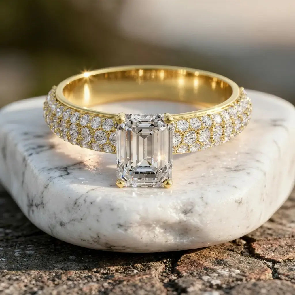 Close-up: Emerald Diamond Ring with Pave Setting in 14k Yellow Gold - Lab Grown - Driona Jewels