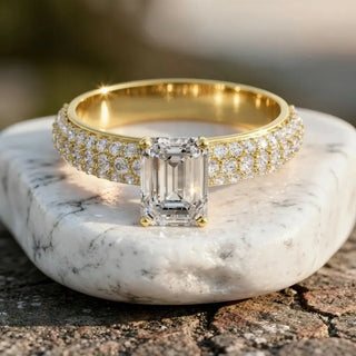 Close-up: Emerald Diamond Ring with Pave Setting in 14k Yellow Gold - Lab Grown - Driona Jewels