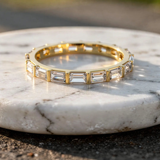 Flat-Lay: Emerald Cut Diamond Ring with Pave Setting in 14k Yellow Gold - Lab Grown - Driona Jewels