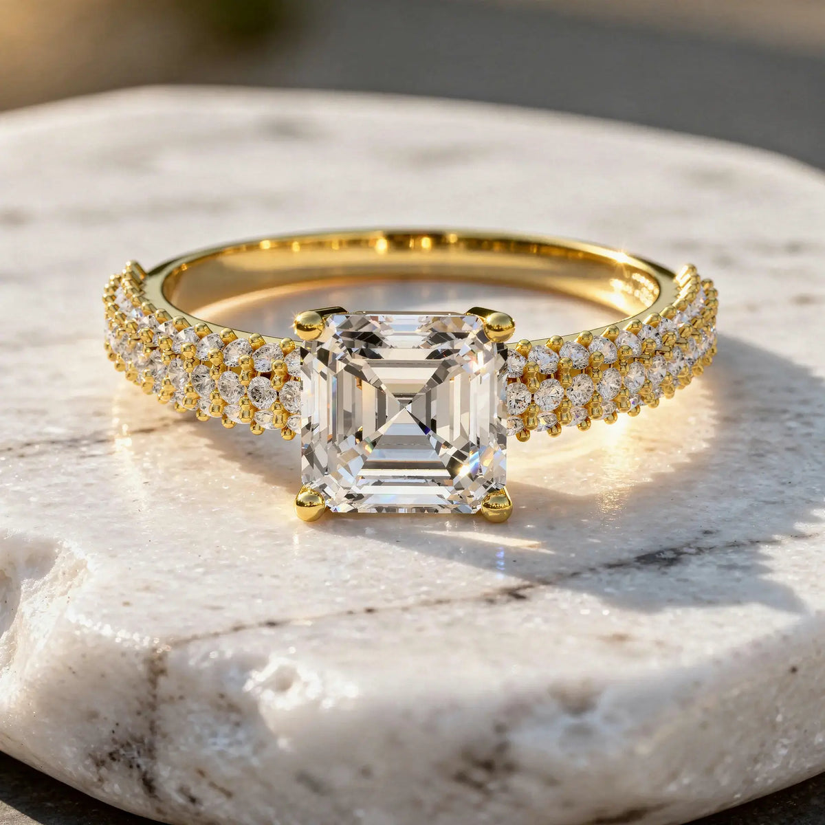 Front-view: Emerald Cut Diamond Ring with Pave Setting in 14k Yellow Gold - Lab Grown - Driona Jewels
