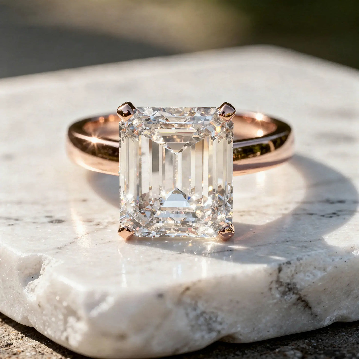 Front-view: Emerald Diamond Ring with Solitaire Setting in 14k Rose Gold - Lab Grown - Driona Jewels