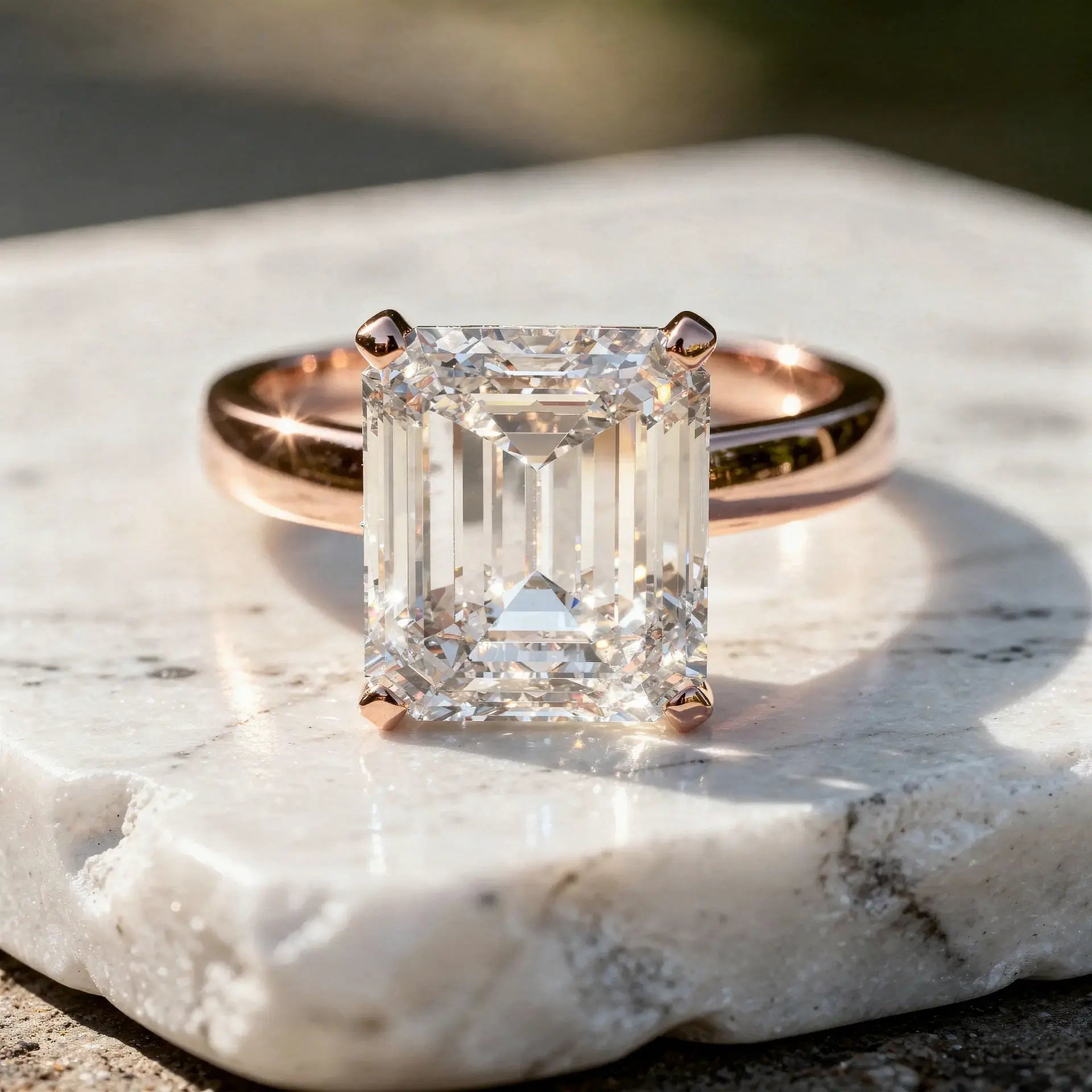 Front-view: Emerald Diamond Ring with Solitaire Setting in 14k Rose Gold - Lab Grown - Driona Jewels