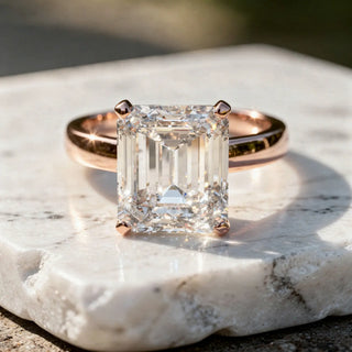Front-view: Emerald Diamond Ring with Solitaire Setting in 14k Rose Gold - Lab Grown - Driona Jewels