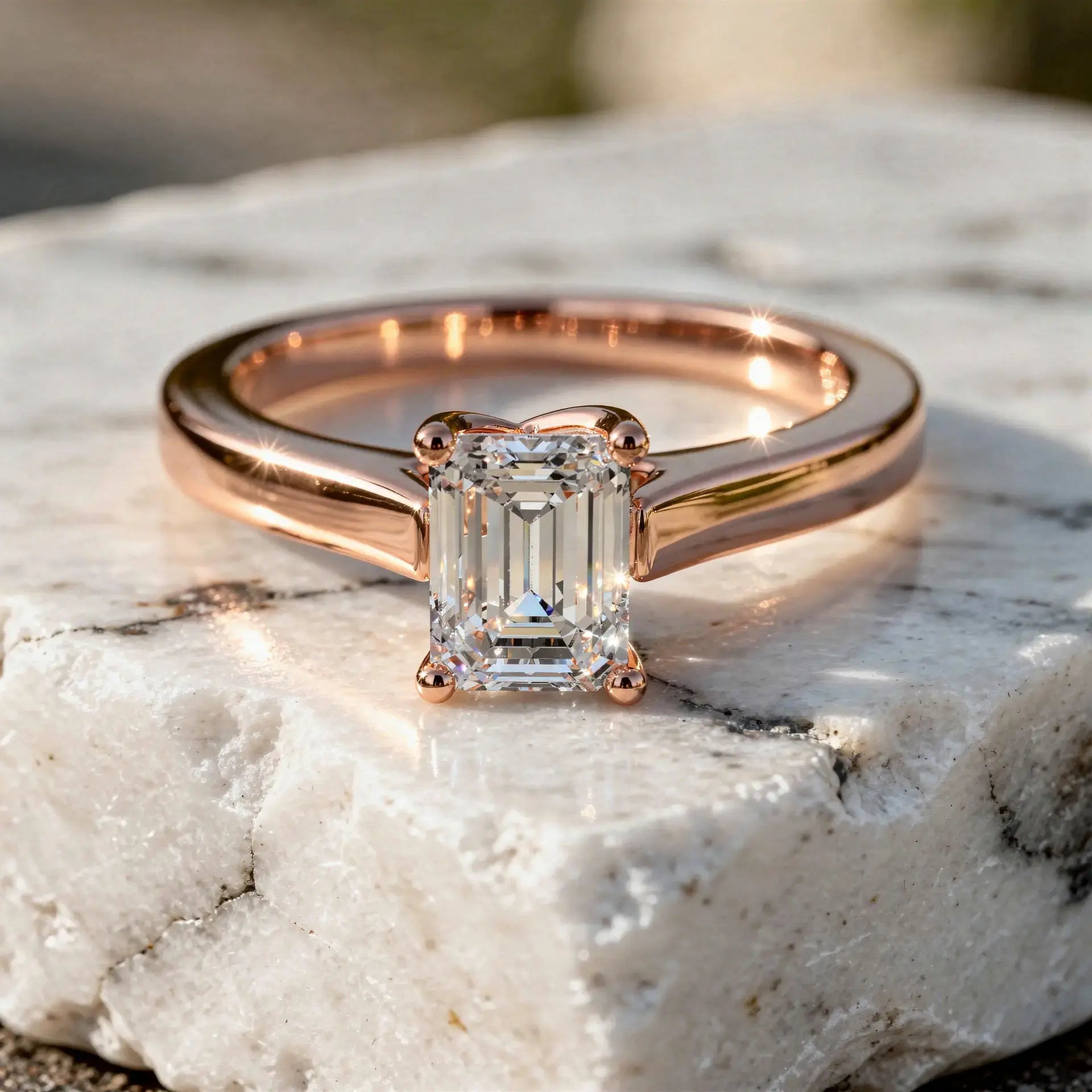 Front-view: Emerald Diamond Ring with Solitaire Setting in 14k Rose Gold - Lab Grown - Driona Jewels