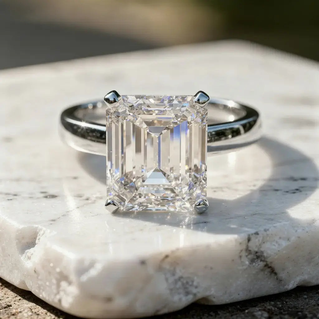 Front-view: Emerald Diamond Ring with Solitaire Setting in 14k White Gold - Lab Grown - Driona Jewels