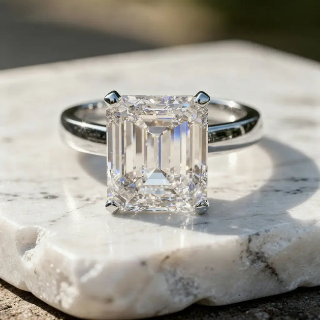Front-view: Emerald Diamond Ring with Solitaire Setting in 14k White Gold - Lab Grown - Driona Jewels