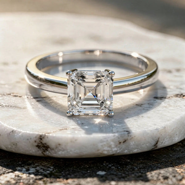 Front-view: Emerald Diamond Ring with Solitaire Setting in 14k White Gold - Lab Grown - Driona Jewels