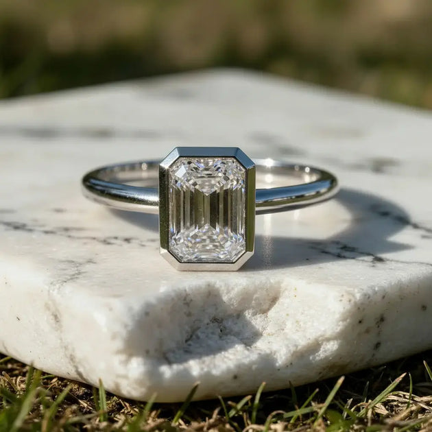 Front-view: Emerald Diamond Ring with Solitaire Setting in 14k White Gold - Lab Grown - Driona Jewels