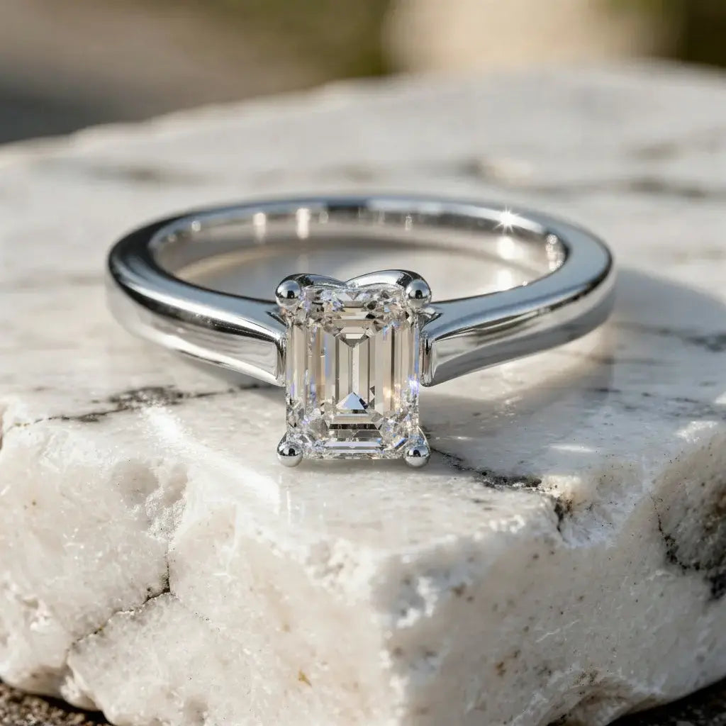 Front-view: Emerald Diamond Ring with Solitaire Setting in 14k White Gold - Lab Grown - Driona Jewels