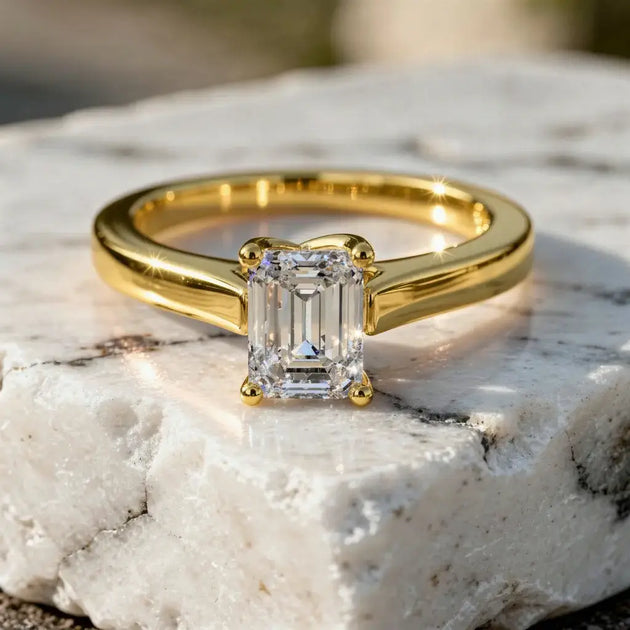 Front-view: Emerald Diamond Ring with Solitaire Setting in 14k Yellow Gold - Lab Grown - Driona Jewels