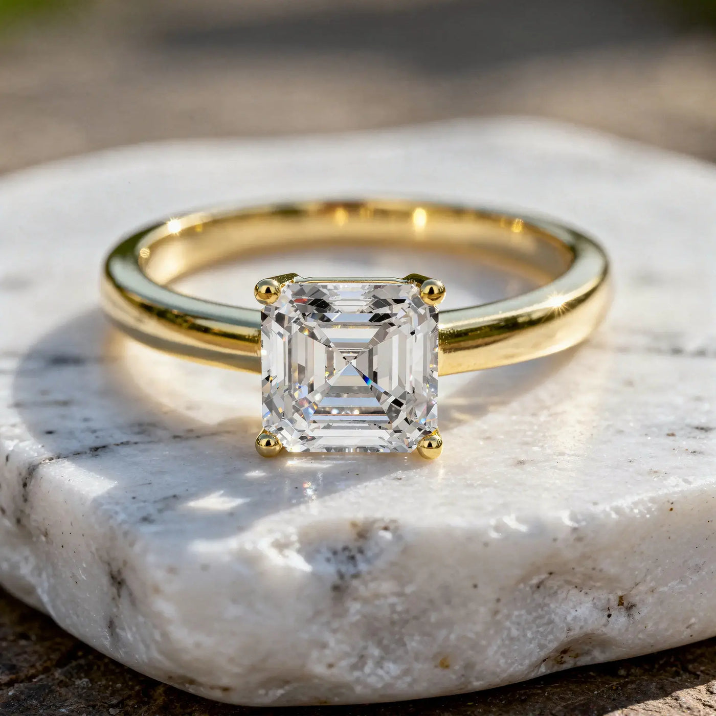 Front-view: Emerald Diamond Ring with Solitaire Setting in 14k Yellow Gold - Lab Grown - Driona Jewels