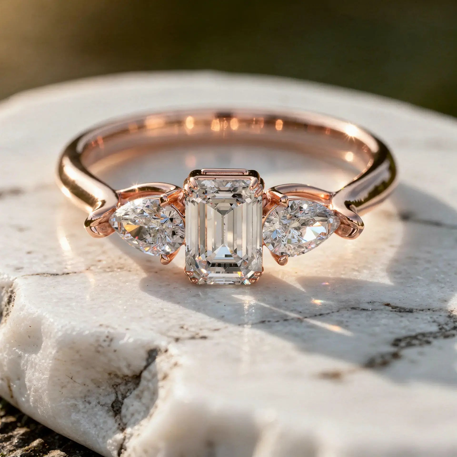 Close-up: Emerald Cut Diamond Ring with Three Stone Setting in 14k Rose Gold - Lab Grown - Driona Jewels