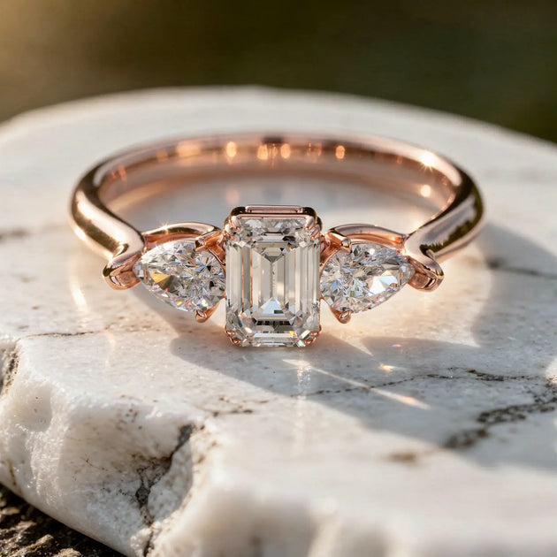 Close-up: Emerald Cut Diamond Ring with Three Stone Setting in 14k Rose Gold - Lab Grown - Driona Jewels