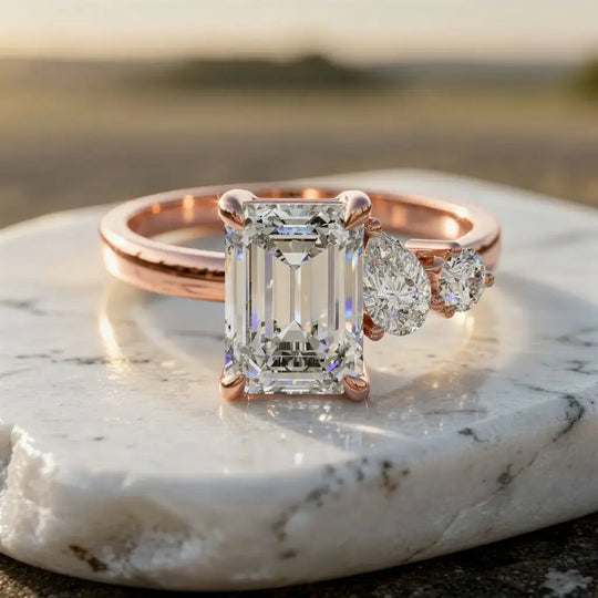 Flat Lay: Emerald Cut Diamond Ring with Three Stone Setting in 14k Rose Gold - Lab Grown - Driona Jewels