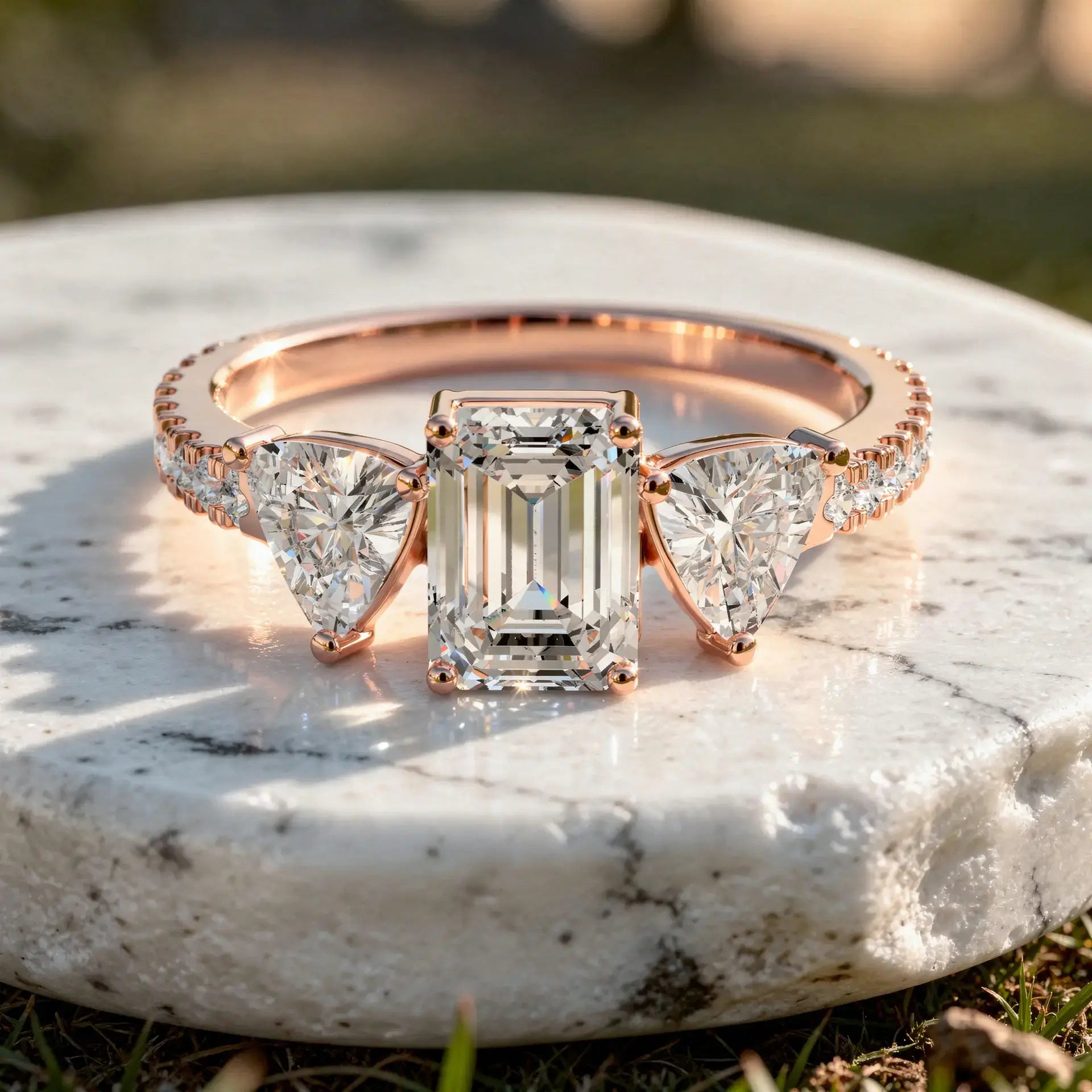 Flat-Lay: Emerald Cut Diamond Ring with Three Stone Setting in 14k Rose Gold - Lab Grown - Driona Jewels