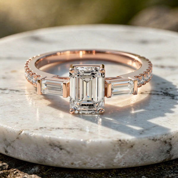Flat-Lay: Emerald Cut Diamond Ring with Three Stone Setting in 14k Rose Gold - Lab Grown - Driona Jewels
