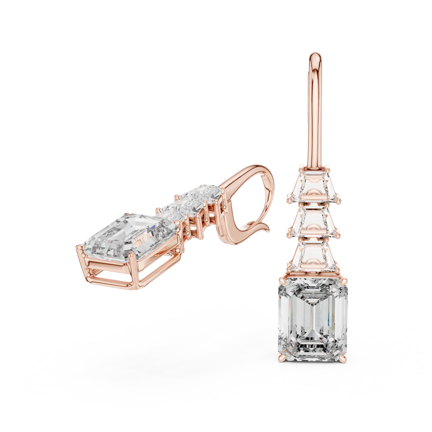 Three-Quarter View: Emerald Cut Diamond Ring with Three Stone Setting in 14k Rose Gold - Lab Grown - Driona Jewels