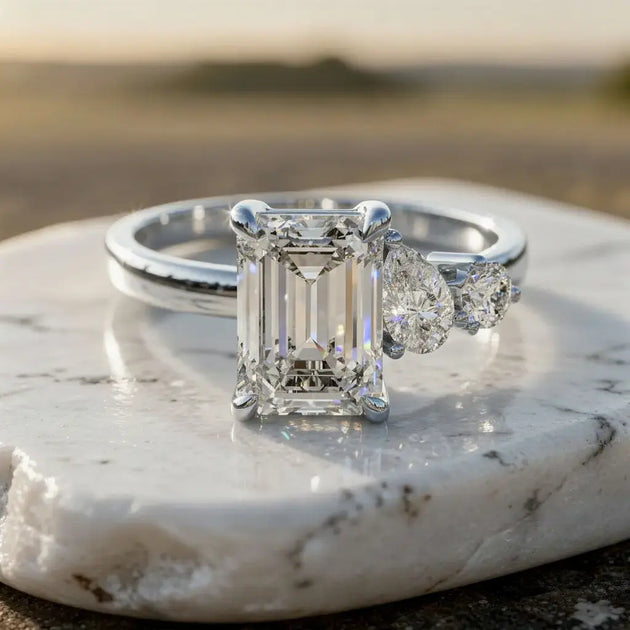 Close-up: Emerald Diamond Ring with Three Stone Setting in 14k White Gold - Lab Grown - Driona Jewels