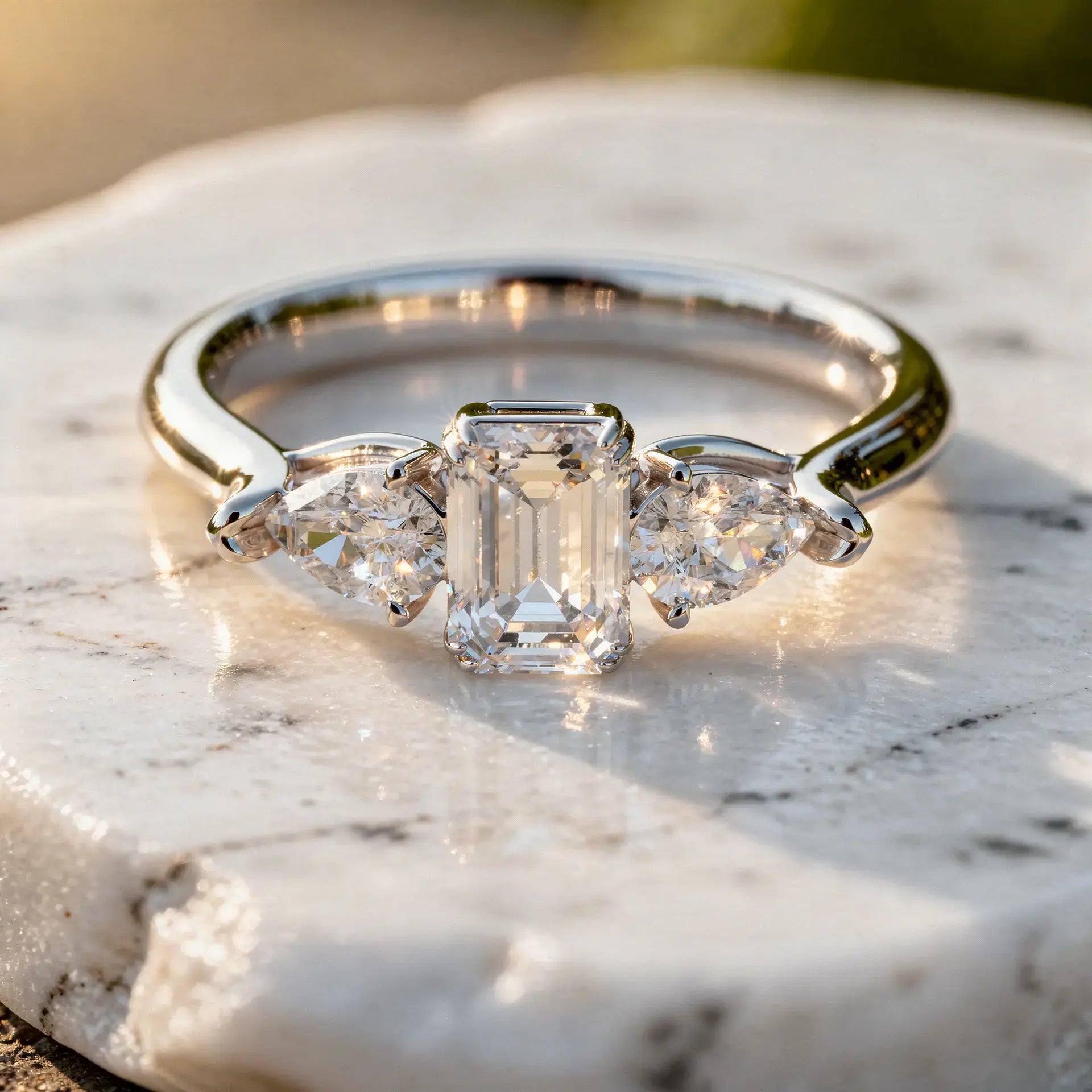 Close-up: Emerald Cut Diamond Ring with Three Stone Setting in 14k White Gold - Lab Grown - Driona Jewels