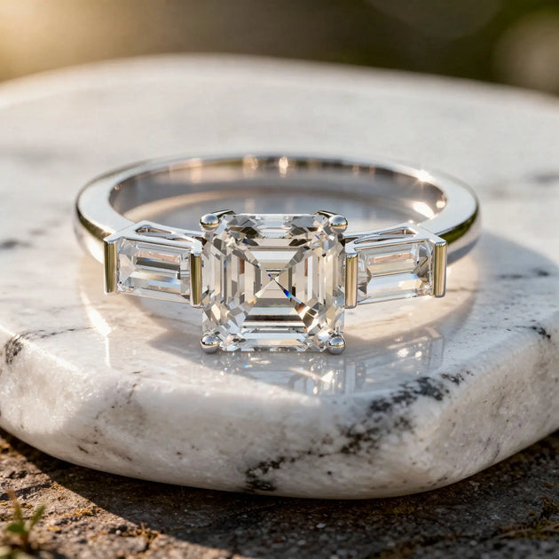 Close-up: Emerald Cut Diamond Ring with Three Stone Setting in 14k White Gold - Lab Grown - Driona Jewels