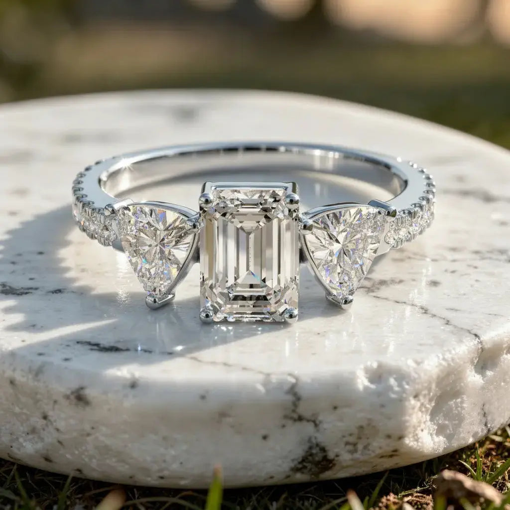 Front-view: Emerald Cut Diamond Ring with Three-Stone Setting in 14k White Gold - Lab Grown - Driona Jewels