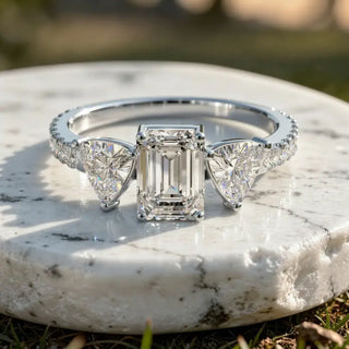 Front-view: Emerald Cut Diamond Ring with Three-Stone Setting in 14k White Gold - Lab Grown - Driona Jewels