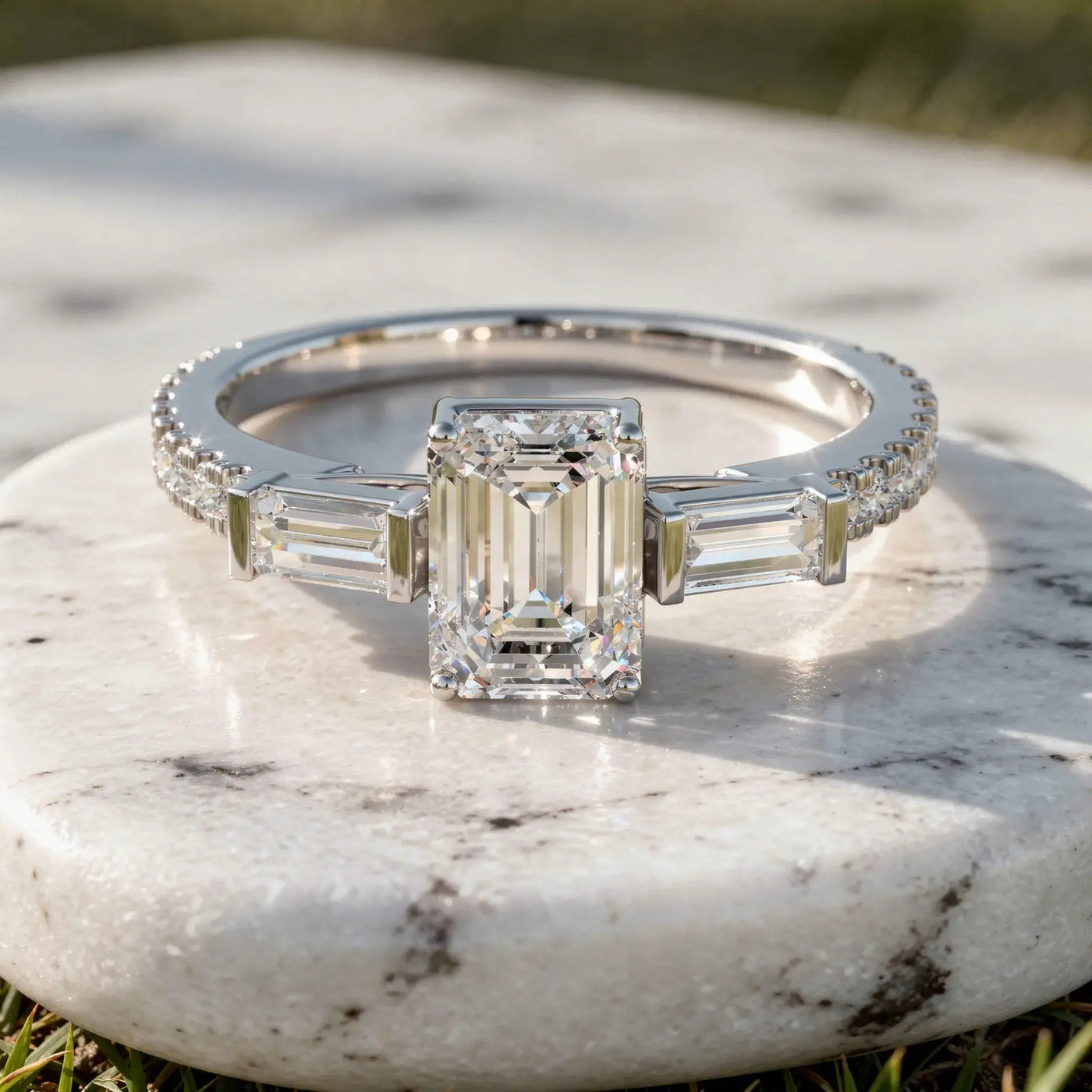 Front-view: Emerald Cut Diamond Ring with Three-Stone Setting in 14k White Gold - Lab Grown - Driona Jewels