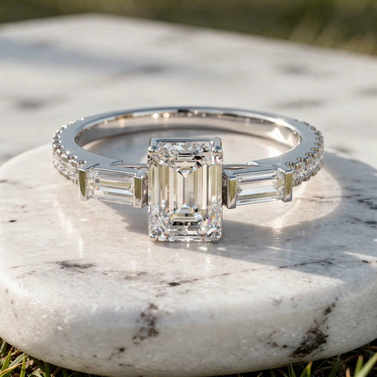 Front-view: Emerald Cut Diamond Ring with Three-Stone Setting in 14k White Gold - Lab Grown - Driona Jewels