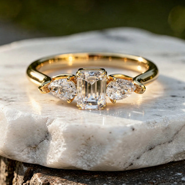 Close-up: Emerald Cut Diamond Ring with Three Stone Setting in 14k Yellow Gold - Lab Grown - Driona Jewels
