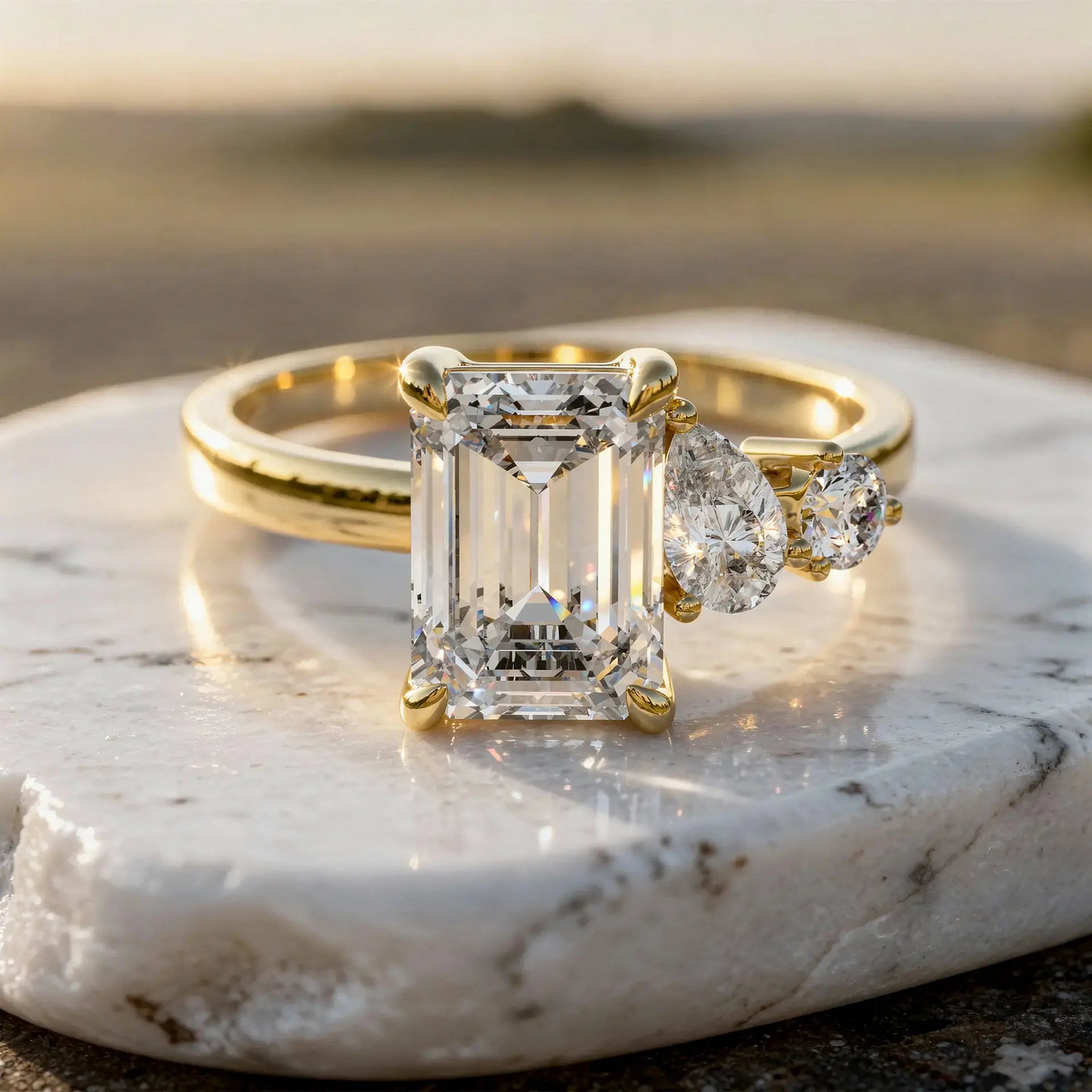 Front-view: Emerald Cut Diamond Ring with Three Stone Setting in 14k Yellow Gold - Lab Grown - Driona Jewels