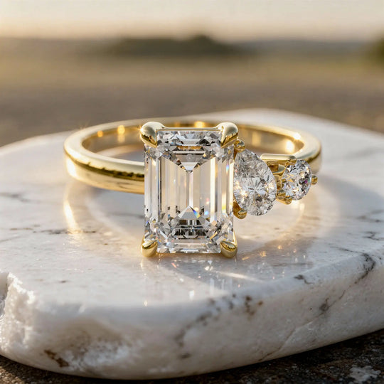 Front-view: Emerald Cut Diamond Ring with Three Stone Setting in 14k Yellow Gold - Lab Grown - Driona Jewels
