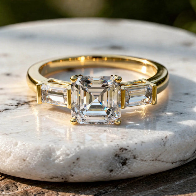 Front-view: Emerald Cut Diamond Ring with Three-Stone Setting in 14k Yellow Gold - Lab Grown - Driona Jewels