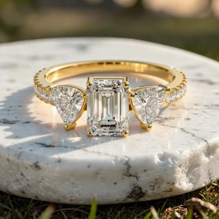 Front-view: Emerald Cut Diamond Ring with Three-Stone Setting in 14k Yellow Gold - Lab Grown - Driona Jewels