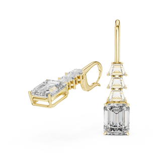 Three-quarter View: Emerald Cut Diamond Ring with Three Stone Setting in 14k Yellow Gold - Lab Grown - Driona Jewels