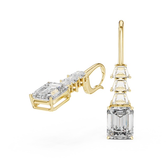 Three-quarter View: Emerald Cut Diamond Ring with Three Stone Setting in 14k Yellow Gold - Lab Grown - Driona Jewels