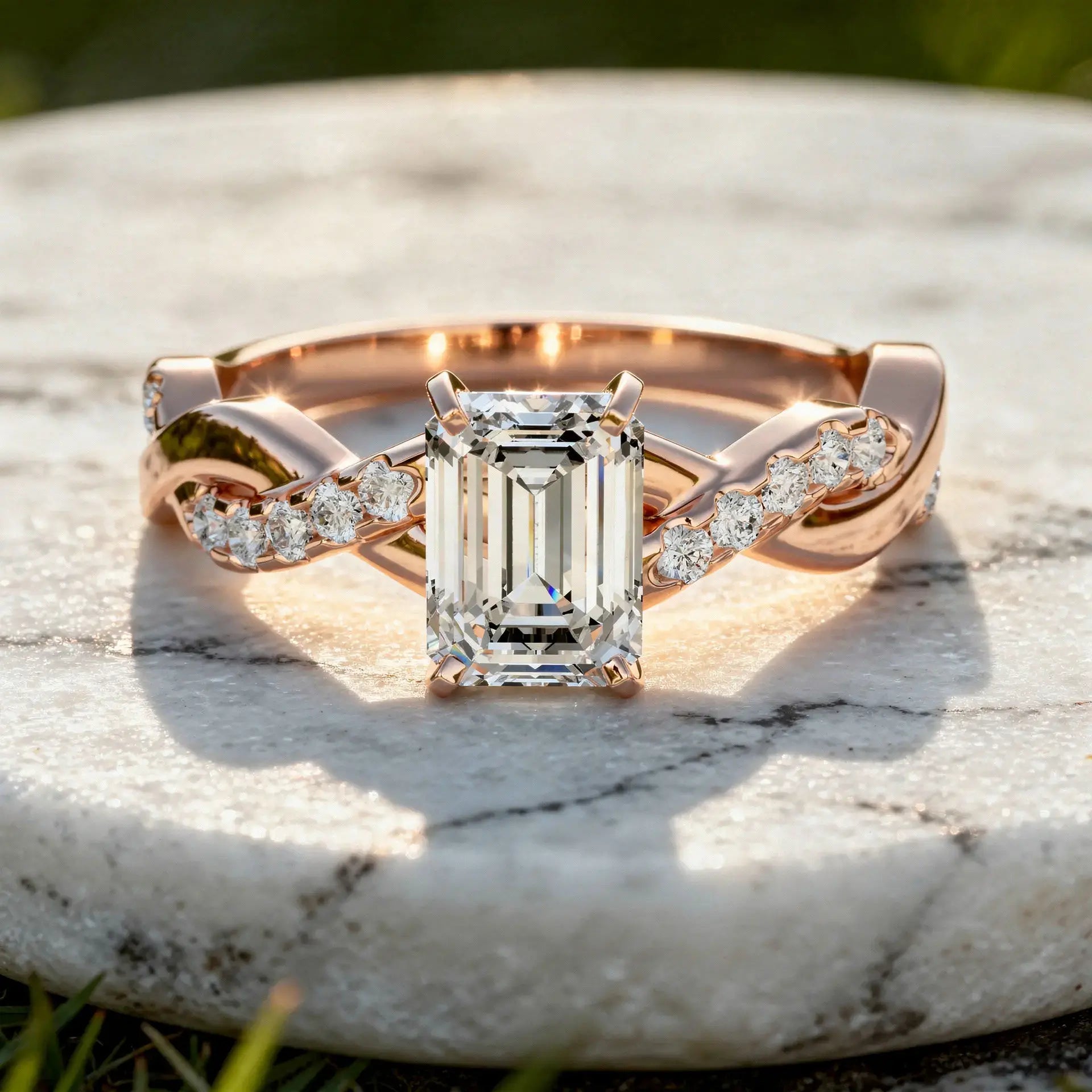 Flat Lay: Emerald Cut Diamond Ring with Twist Setting in 14k Rose Gold - Lab Grown - Driona Jewels