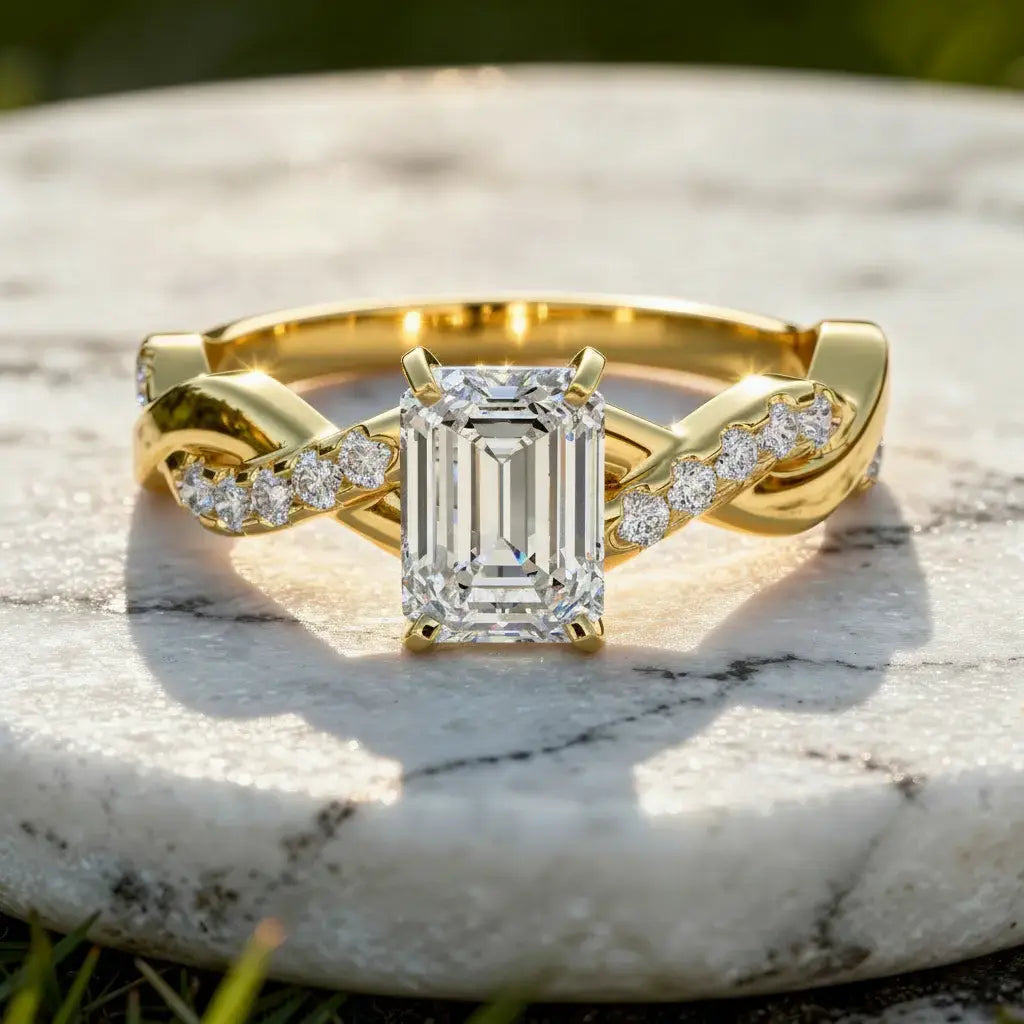 Front-view: Emerald Diamond Ring with Twisted Setting in 14k Yellow Gold - Lab Grown - Driona Jewels