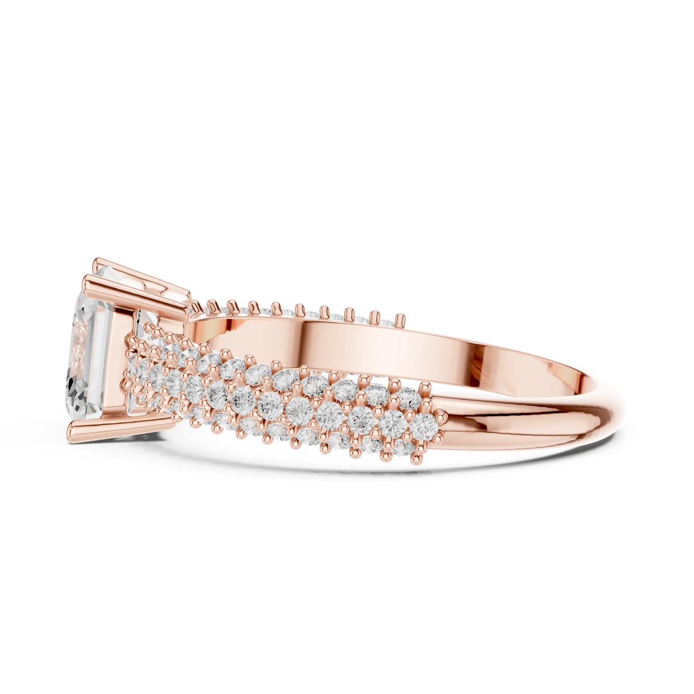Side profile view: Emerald and Round Diamond Ring with Multi-row Pavé Setting in [Purity] Rose Gold – Lab Grown – Driona Jewels
