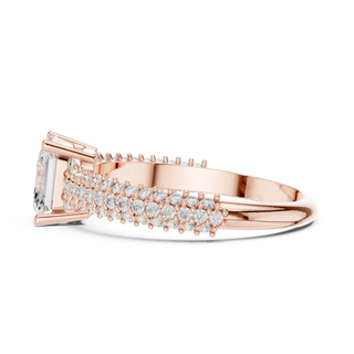 Side profile view: Emerald and Round Diamond Ring with Multi-row Pavé Setting in [Purity] Rose Gold – Lab Grown – Driona Jewels
