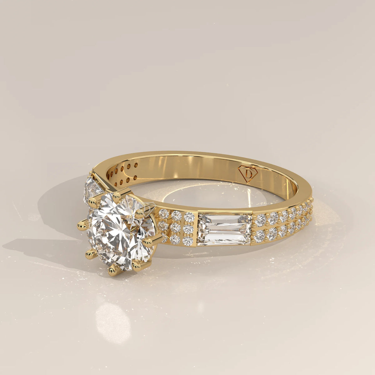 Round Lab Grown Diamond Ring with Baguette Shoulders and Double Pave in yellow gold, shown from the side.