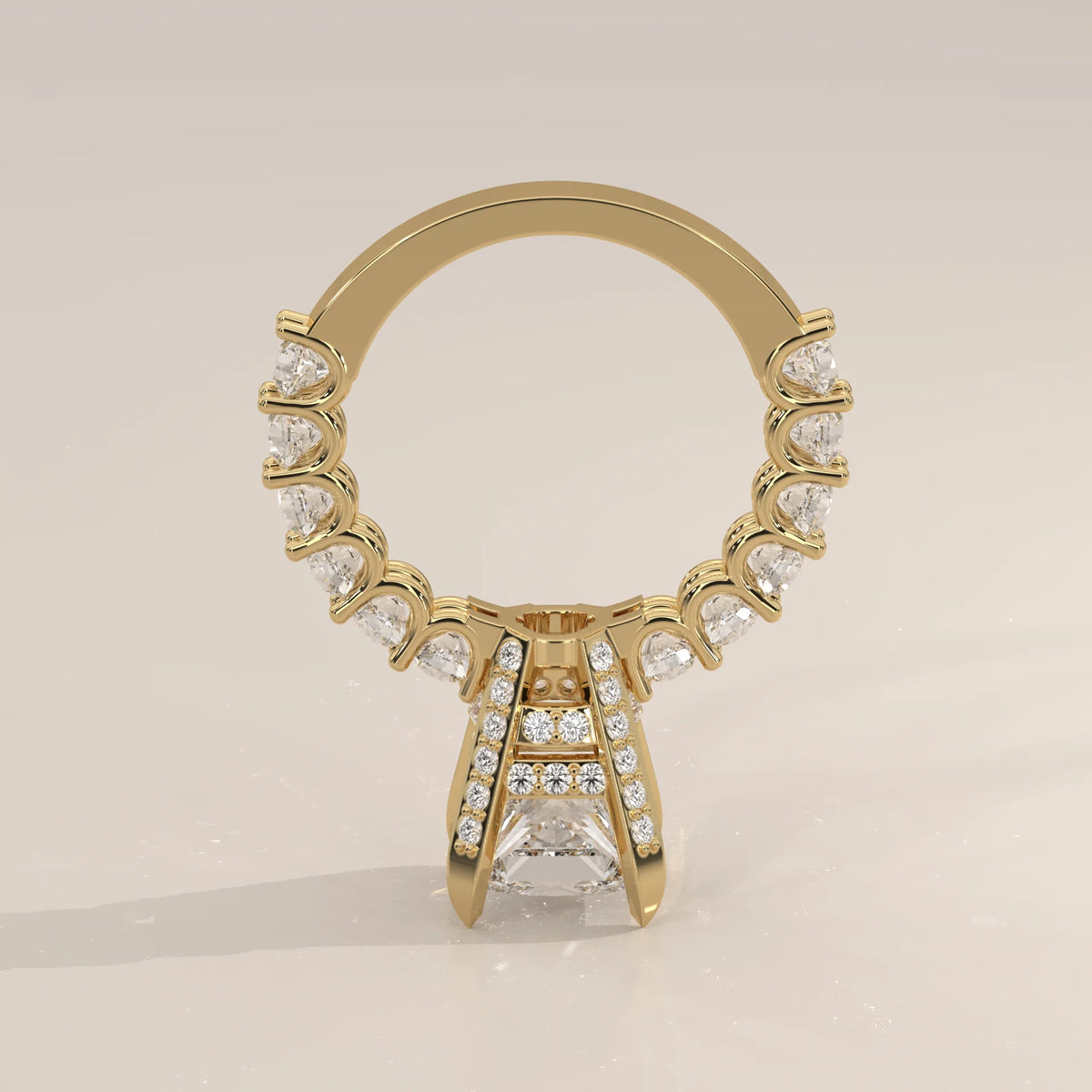 Princess Lab Grown Diamond Ring with Shared Claw Round Band in yellow gold, photographed head-on.