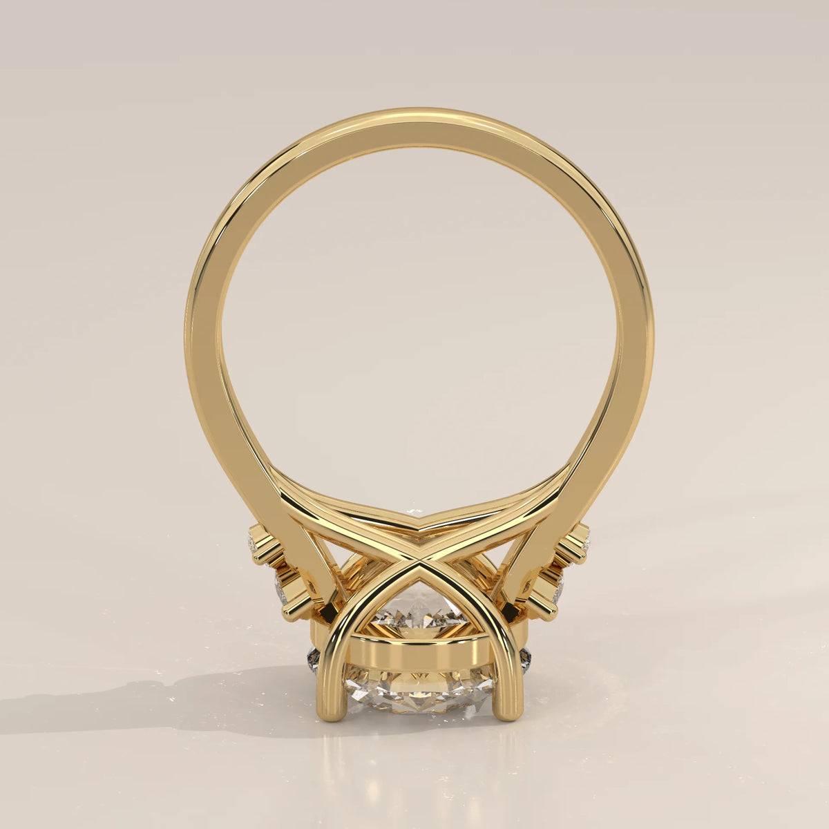 Round Lab Grown Diamond Ring with Marquise and Round Side Accents in yellow gold, shown from the side.