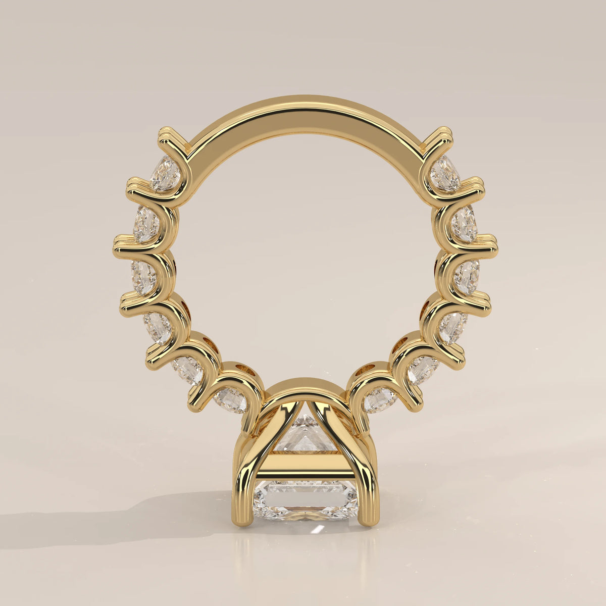 Princess Lab Grown Diamond Ring with Raised Claw Set Round Band in yellow gold, photographed from the side.