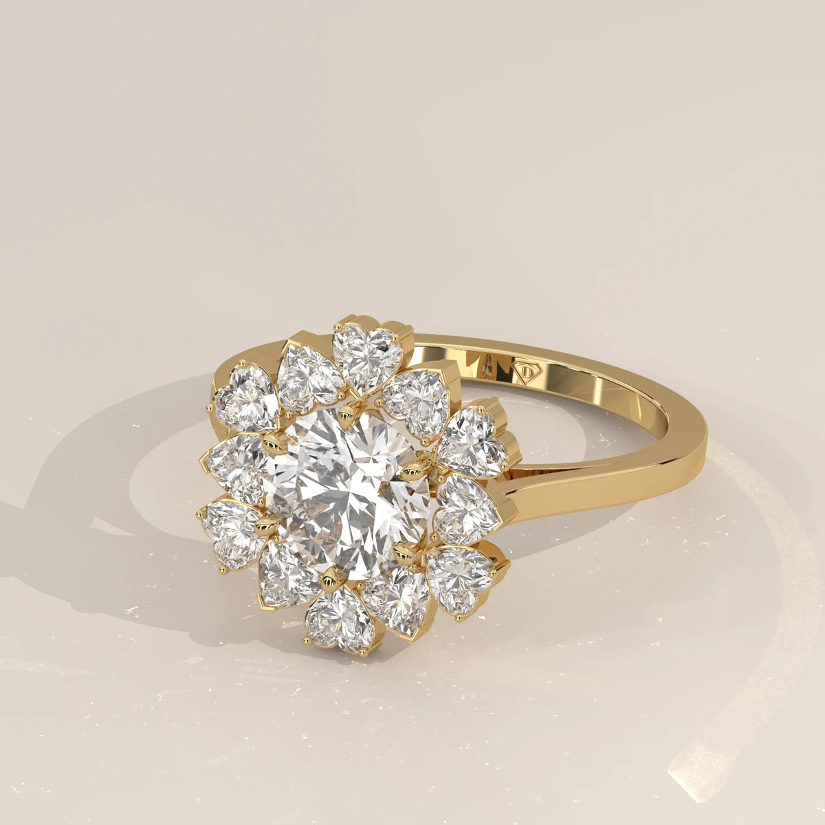 Round Lab Grown Diamond Flower Halo Ring with Heart Petals in yellow gold, front view on a plain background.