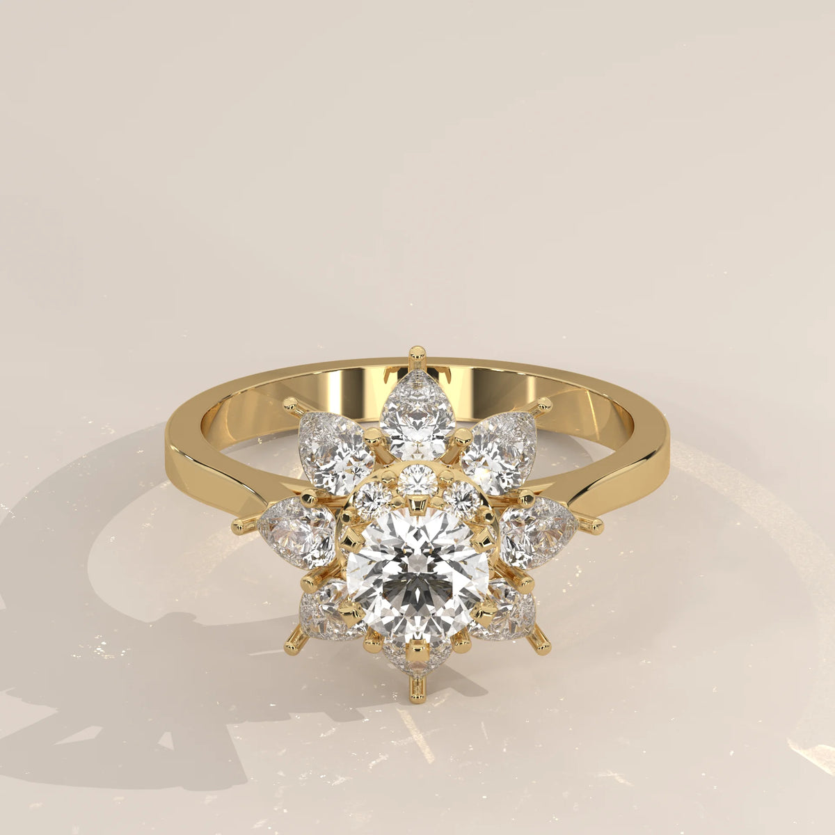A radiant 14k gold ring adorned with a central diamond and a floral arrangement of pear-shaped diamonds.
