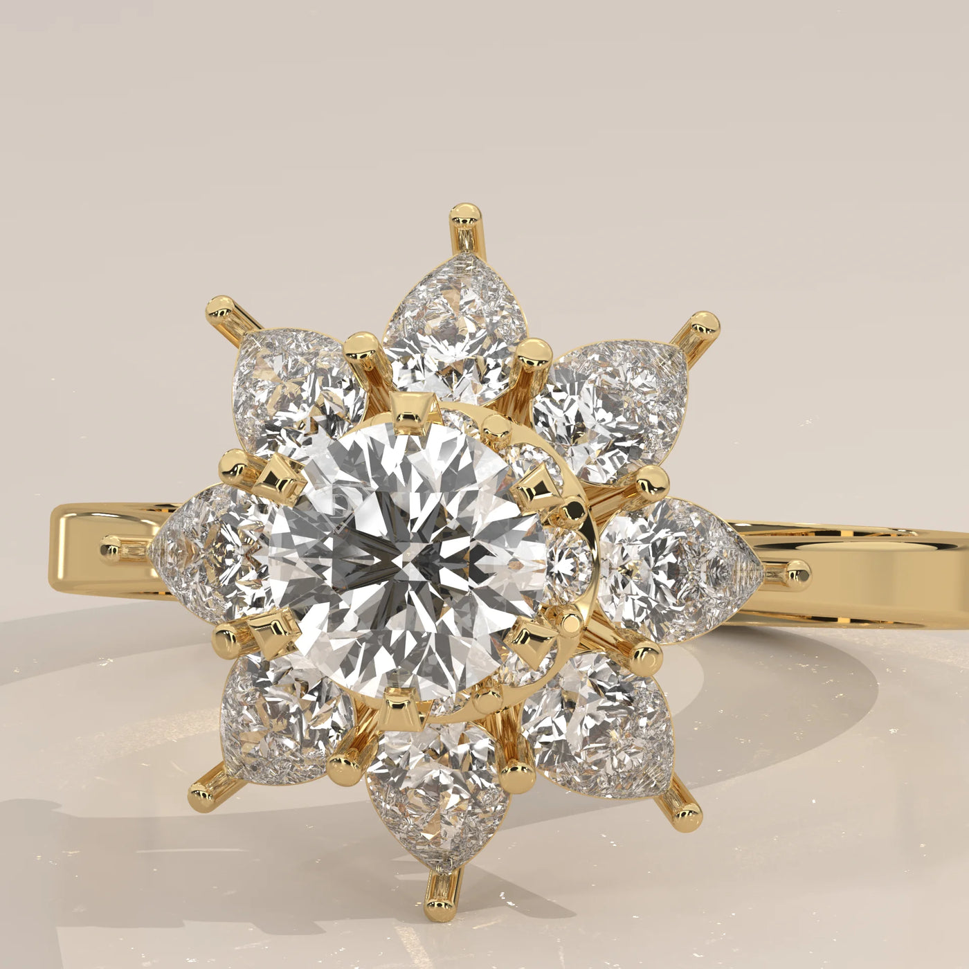 A radiant 14k gold ring adorned with a central diamond and a floral arrangement of pear-shaped diamonds.