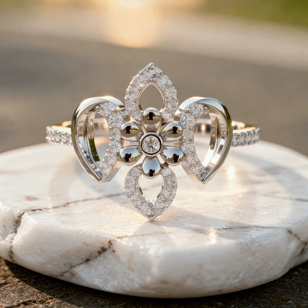 Close-up: Floral Cut Diamond Ring with Halo Setting in 14k White Gold - Lab Grown - Driona Jewels