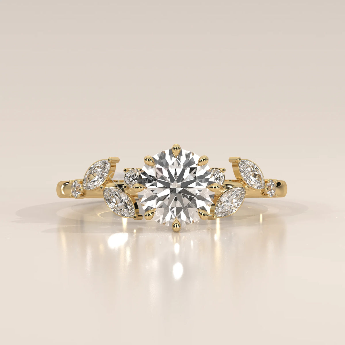 Yellow gold engagement ring with a central diamond and floral accents.