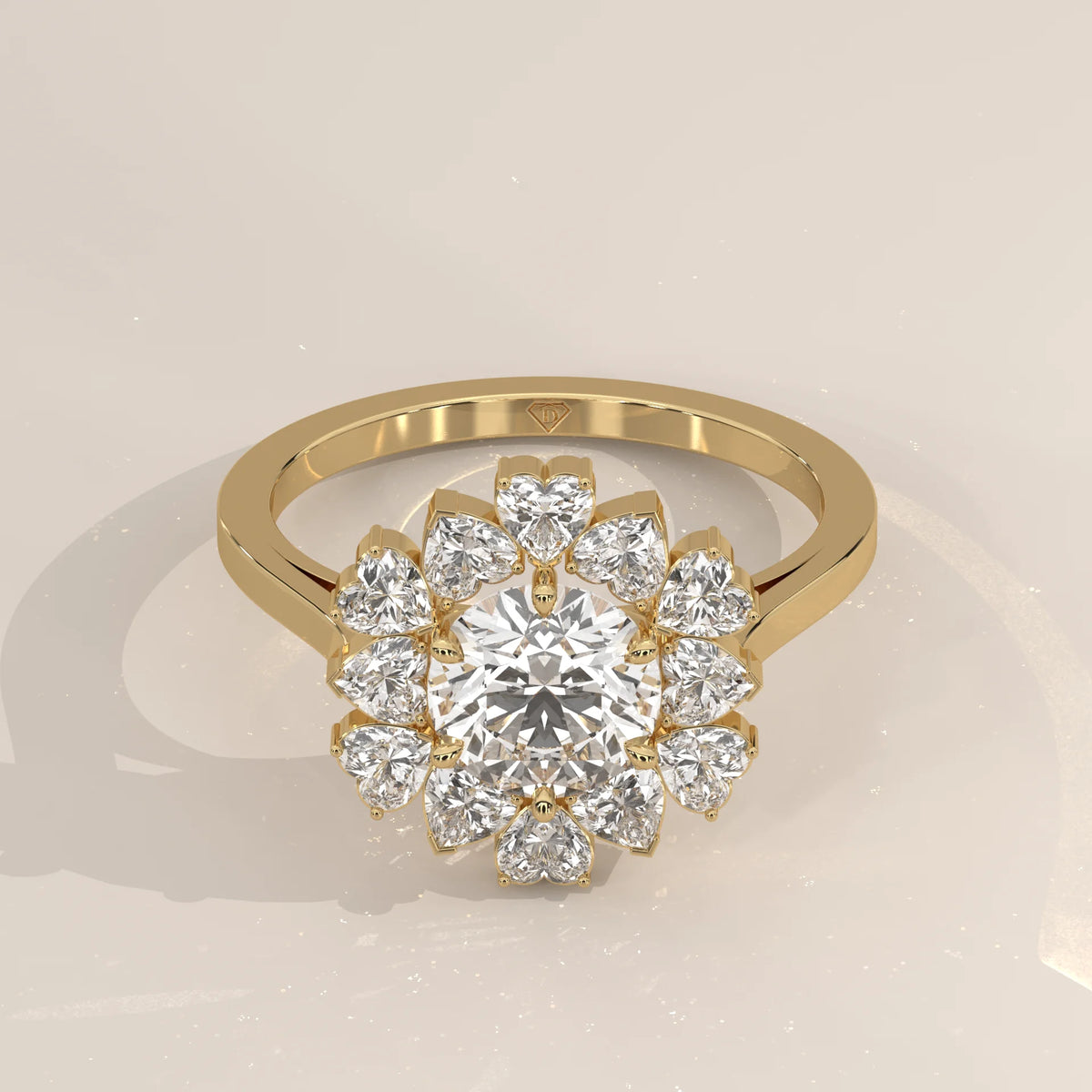 Round Lab Grown Diamond Flower Halo Ring with Heart Petals in yellow gold, shown from the front.