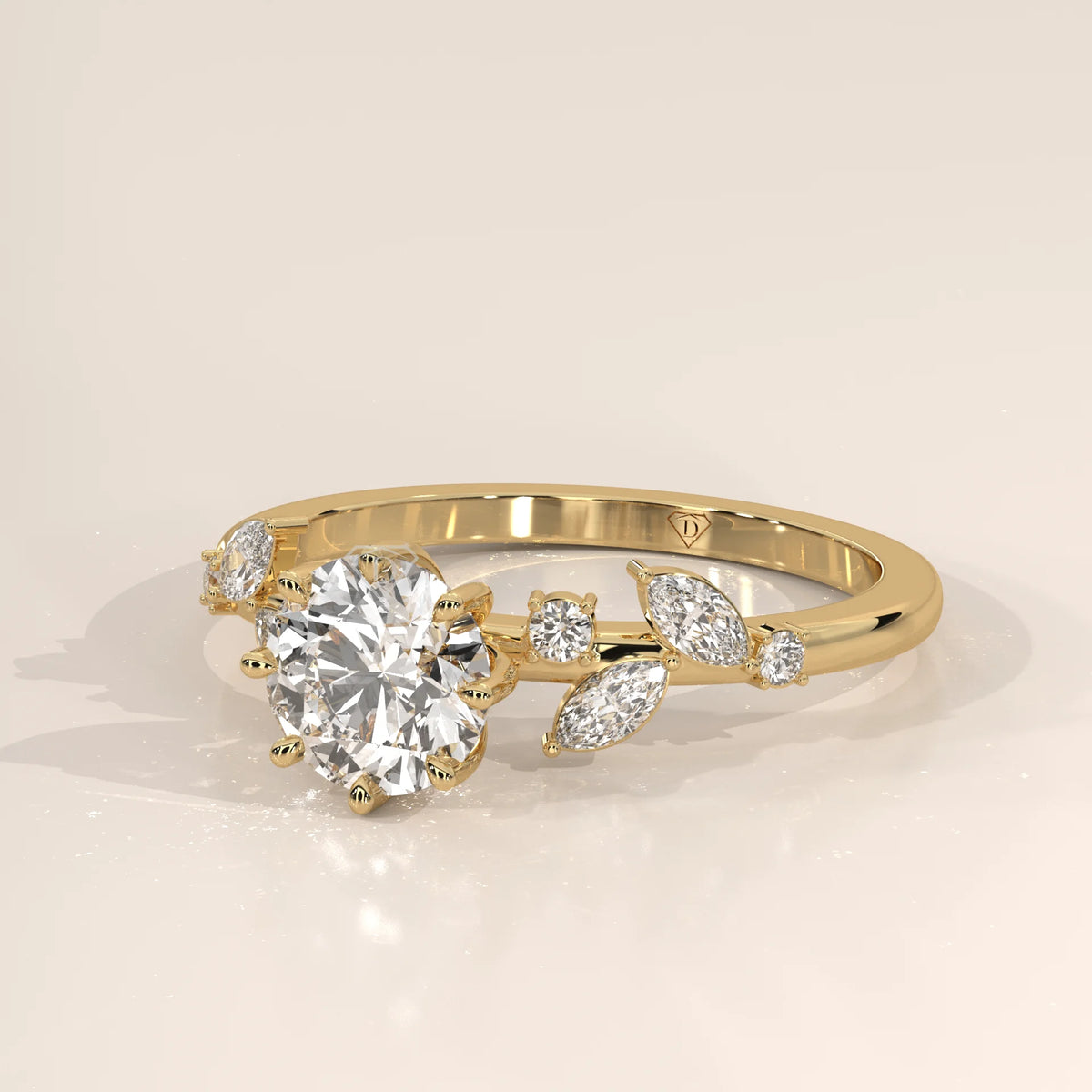 Delicate yellow gold ring with a central diamond and floral accents.
